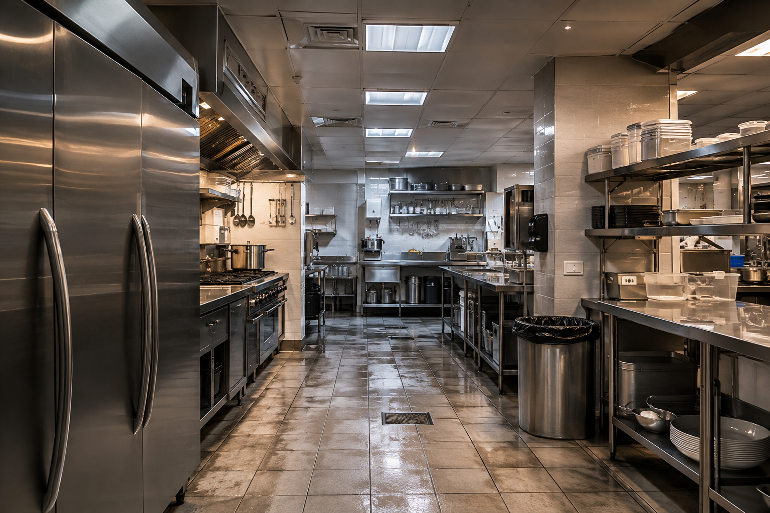 Ready for Your Next Health Inspection Spotless commercial restaurant kitchen with polished stainless steel equipment, clean tiled floors, organized prep stations, and sanitized cooking areas, showcasing a professional environment ready for a health inspection.