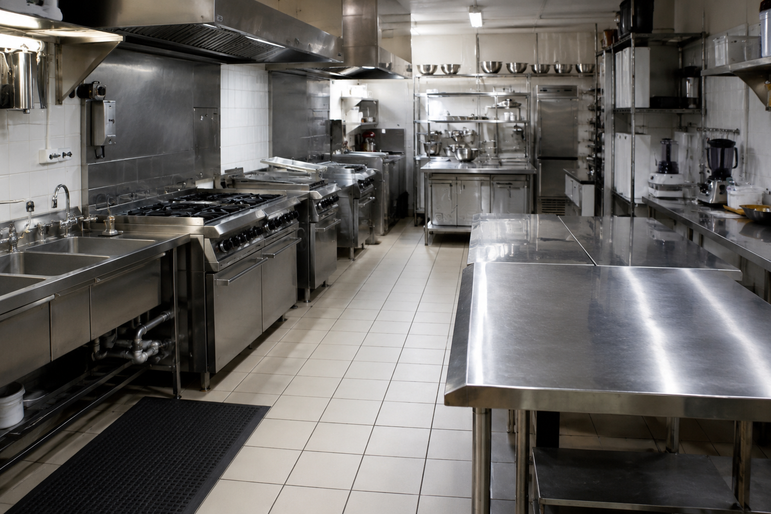 Commissary and Cloud Kitchen Cleaning Spotless commercial commissary kitchen with stainless steel prep tables, cooking ranges, exhaust hoods, sinks, shelving, and food preparation equipment, showcasing a clean, organized workspace ideal for shared and cloud kitchen operations.