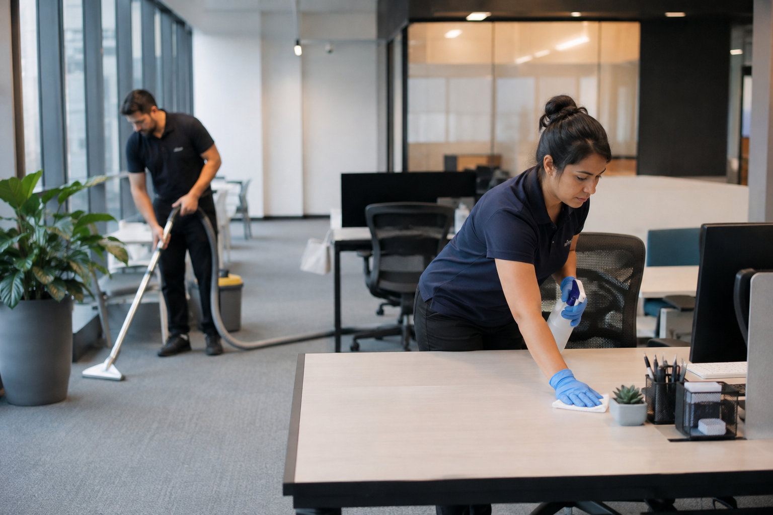 Professional cleaners performing routine cleaning in a modern office. One cleaner wipes a desk with a microfiber cloth and spray bottle while another vacuums the carpet in the background. The bright workspace features desks, computers, office chairs, glass partitions, and large windows.