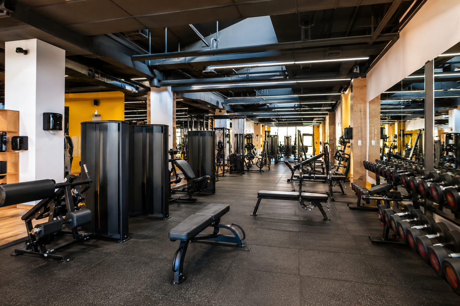 Professional commercial gym interior with spotless fitness equipment, free weights, benches, mirrored walls, rubber flooring, and bright LED lighting, showcasing a clean, well-maintained facility suitable for recurring gym cleaning services and maintenance contracts.