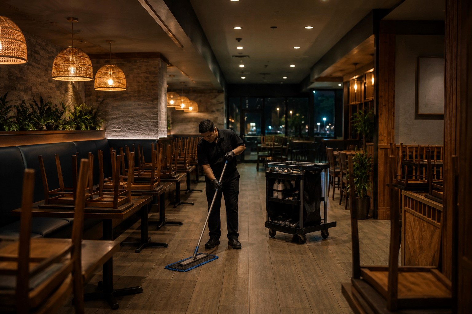Nightly Restaurant Cleaning Programs Professional cleaner performing nightly restaurant cleaning service in a modern Miami restaurant dining area after closing, with sanitized tables, polished floors, and cleaning equipment ready for the next business day.